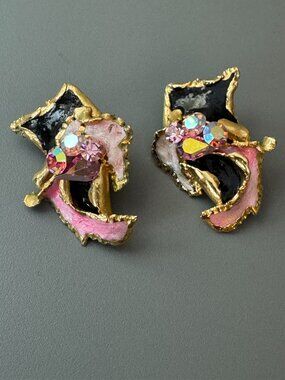 Vtg Amy Lacombe 1988 Jeweled Abstract Clay Statement Earrings 24K Gold Plated